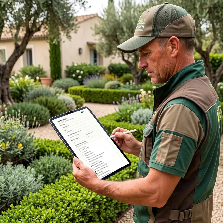 Operario de paisajismo rellenando el parte diario en una tablet